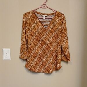Women’s Burnt Orange Plaid V-Neck 3/4 Sleeve Blouse